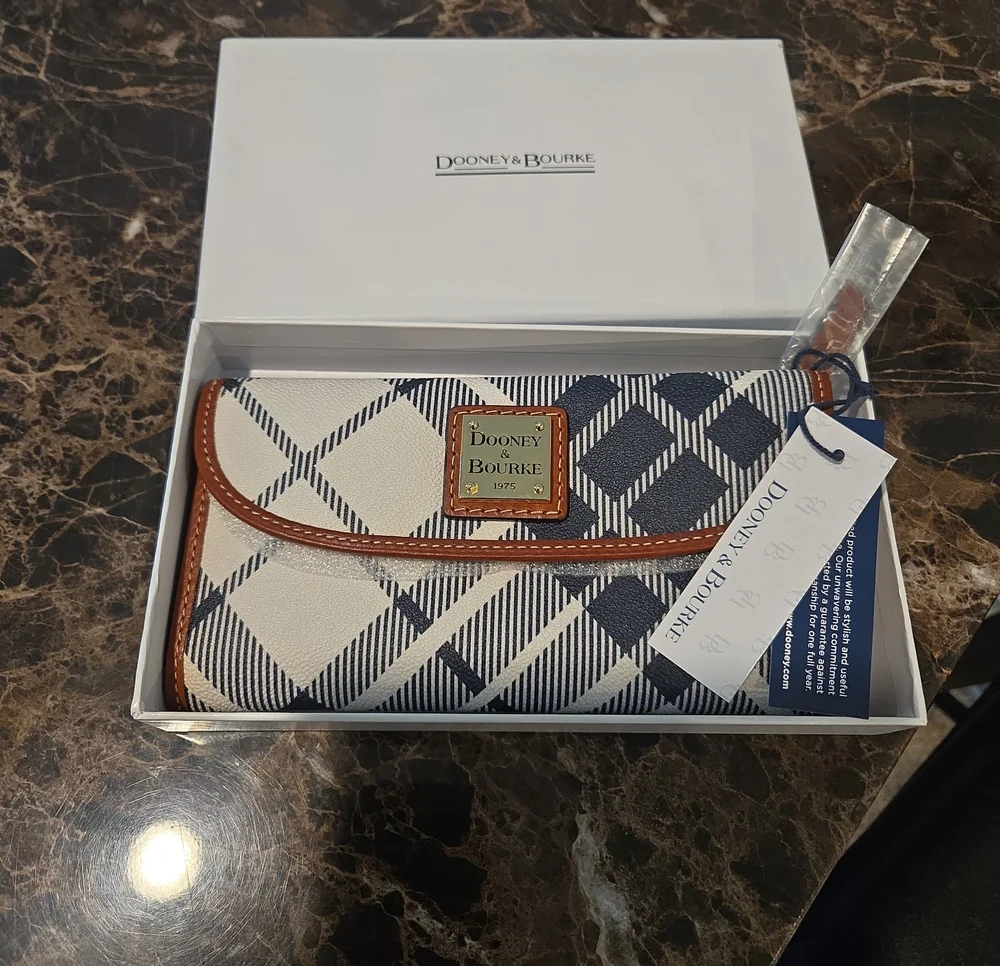 Dooney & Bourke Navy and White Plaid Wallet with Brown Trim and Gold Plaque - Picture 1 of 3